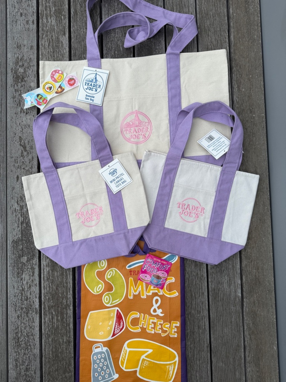 1 Large + 2 Mini LAVENDER 💜 Trader Joe’s Canvas Tote Bags +2 Comfort Food TJ Bag
